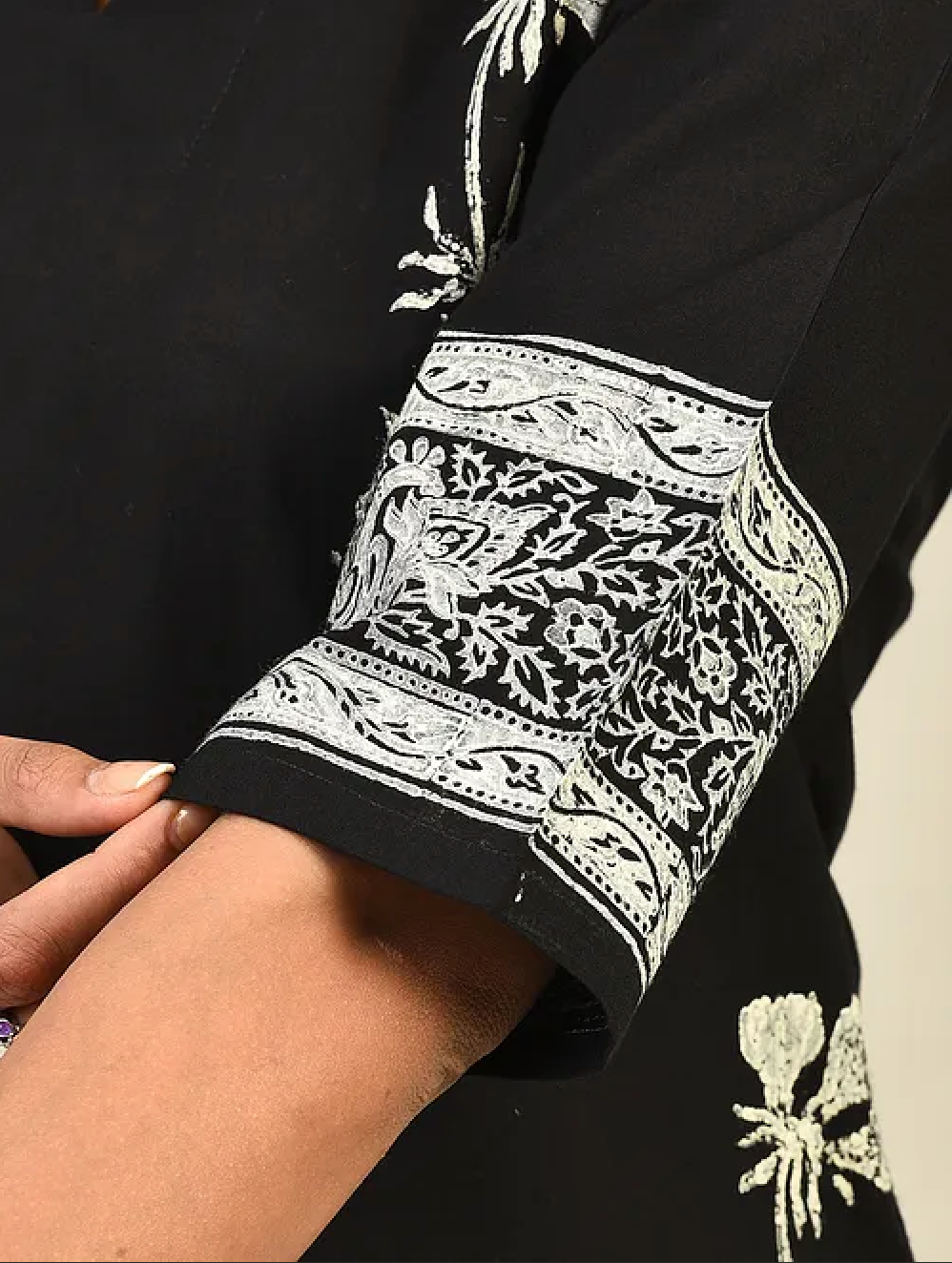 Black Hand Block Printed Cotton Kurta with Pants and Dupatta (Set of 3)