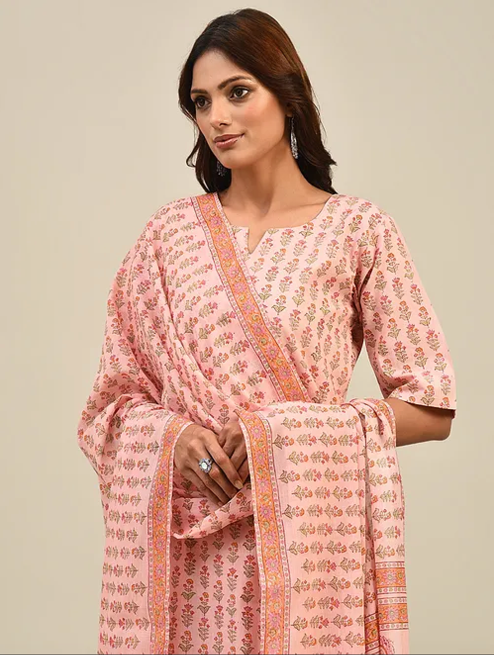 Light Pink Hand-block Printed Cotton Lehenga with Blouse and Dupatta/Cape (set of 3)