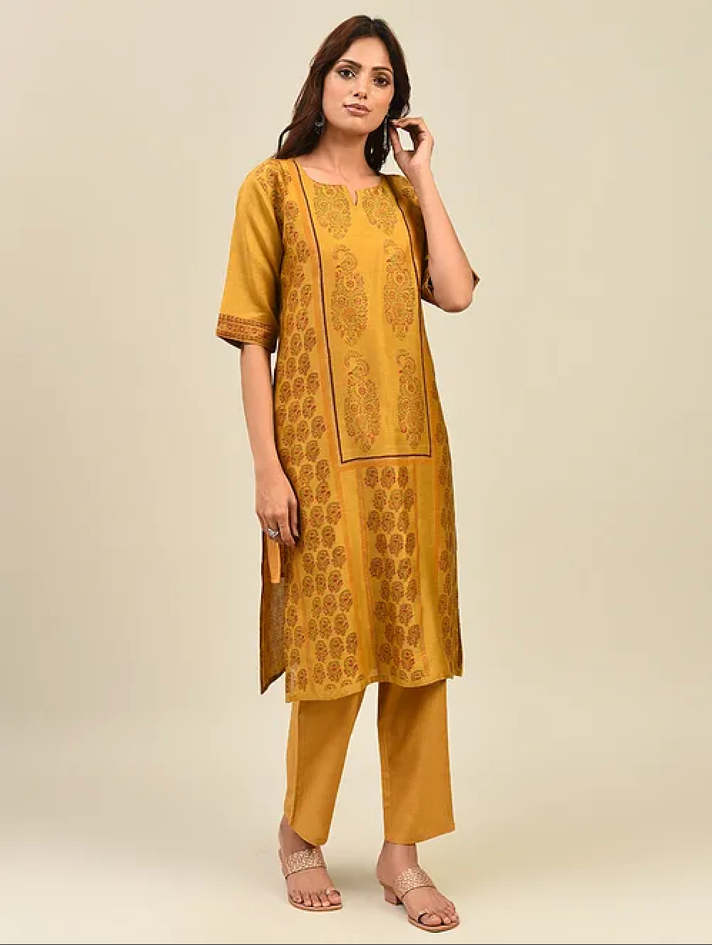 Mustard Yellow Hand Block Printed Chanderi Kurta with Slip and Pants(Set of 3)
