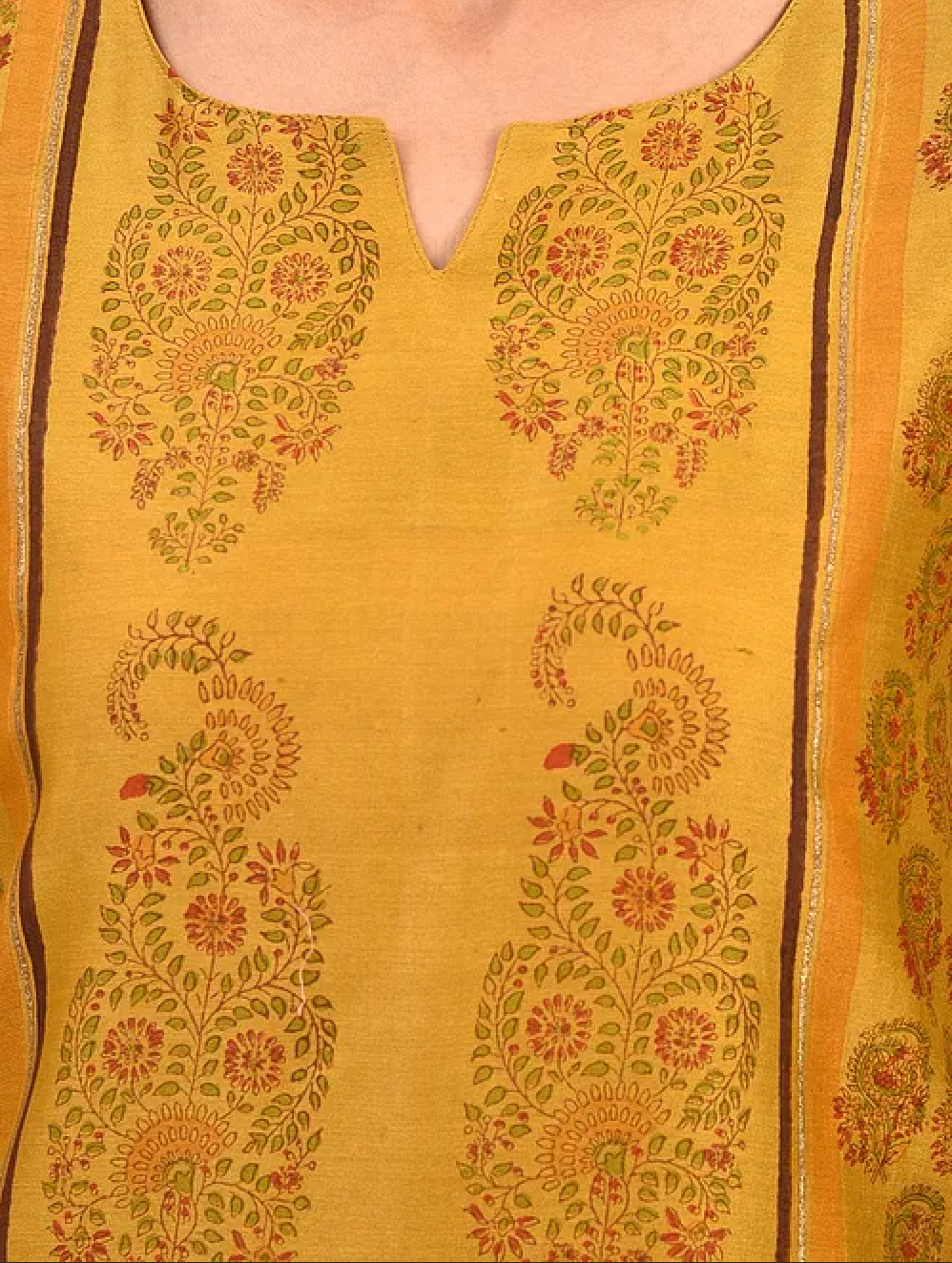Mustard Yellow Hand Block Printed Chanderi Kurta with Slip and Pants(Set of 3)