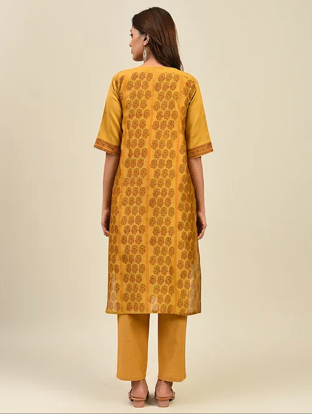 Mustard Yellow Hand Block Printed Chanderi Kurta with Slip and Pants(Set of 3)