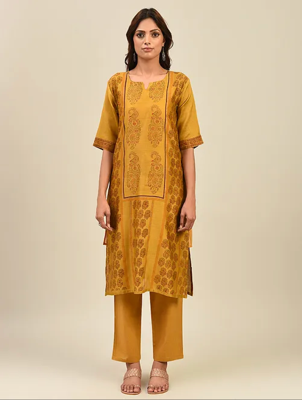 Mustard Yellow Hand Block Printed Chanderi Kurta with Slip and Pants(Set of 3)