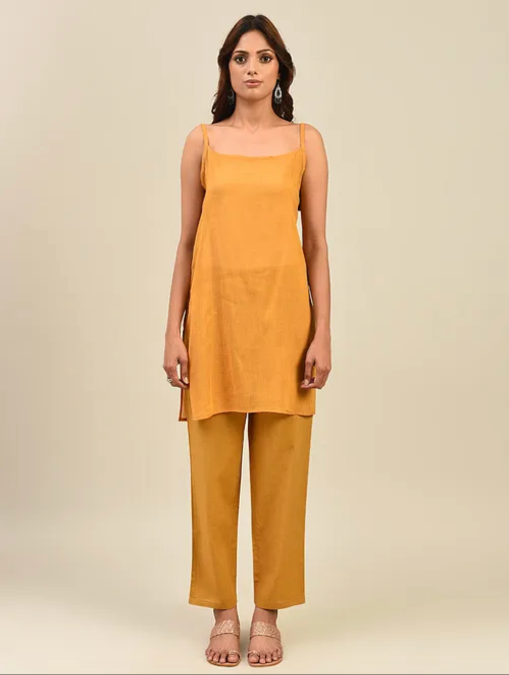 Mustard Yellow Hand Block Printed Chanderi Kurta with Slip and Pants(Set of 3)