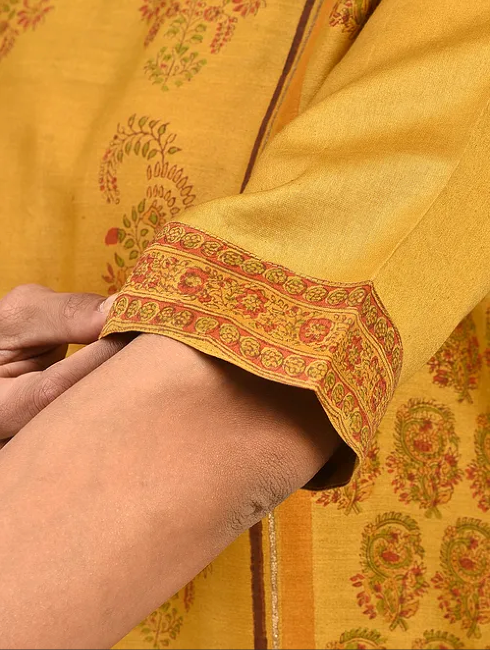 Mustard Yellow Hand Block Printed Chanderi Kurta with Slip and Pants(Set of 3)