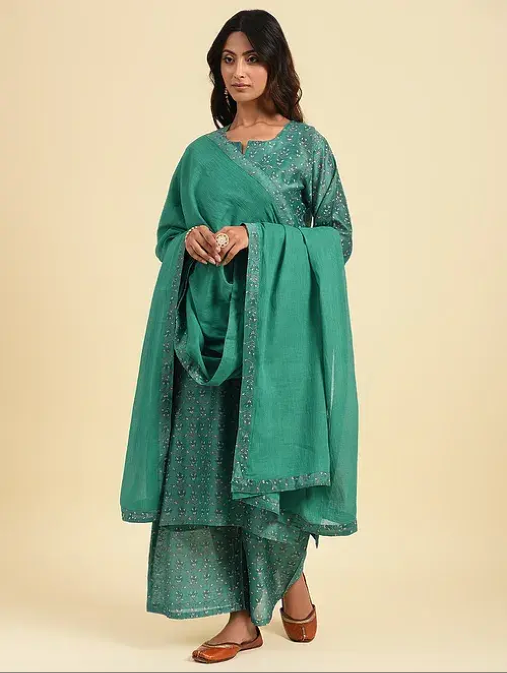 Sea Green Hand Block Printed Cotton Chanderi Dupatta