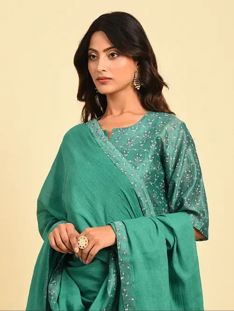 Sea Green Hand Block Printed Cotton Chanderi Dupatta