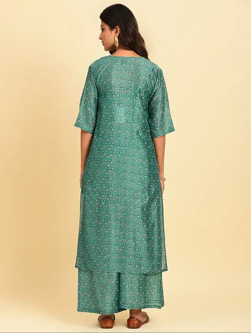 Sea Green Hand Block Printed Chanderi Kurta (with Cotton Slip) with Palazzo and Cotton Chanderi Dupatta (Set of 4)