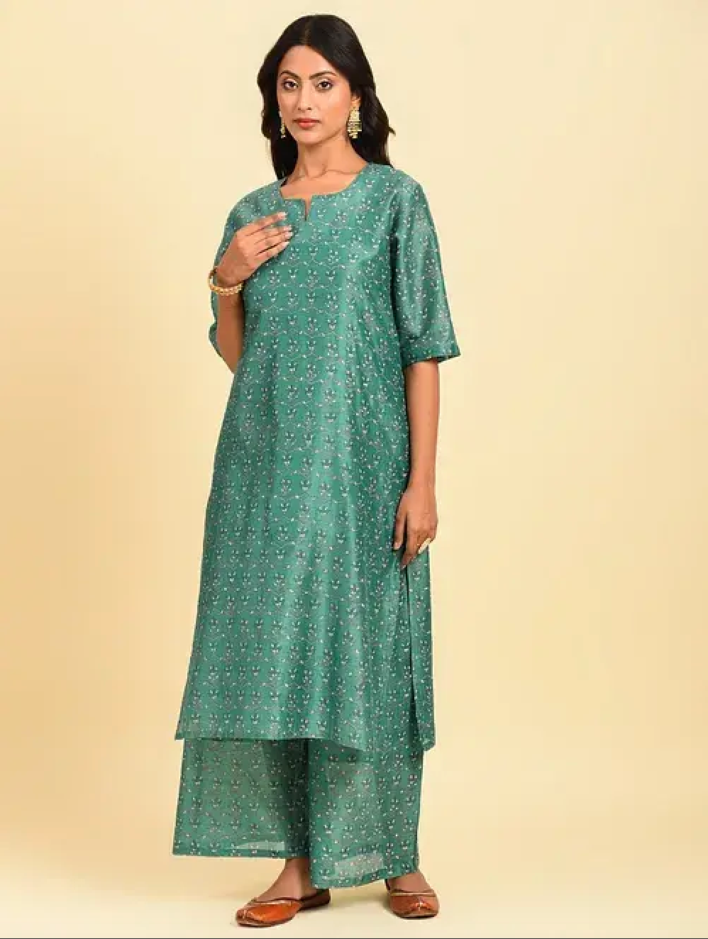 Sea Green Hand Block Printed Chanderi Kurta (with Cotton Slip) with Palazzo and Cotton Chanderi Dupatta (Set of 4)