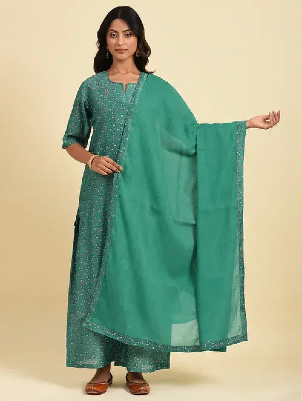 Sea Green Hand Block Printed Cotton Chanderi Dupatta