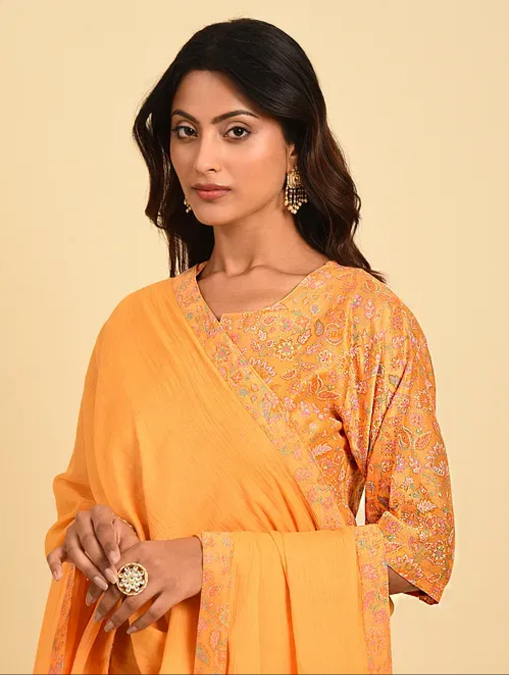 Yellow Hand Block Printed Chanderi Kurta (with Cotton Slip) with Palazzo and Cotton Chanderi Dupatta (Set of 4)