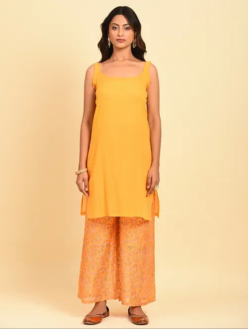 Yellow Hand Block Printed Chanderi Kurta (with Cotton Slip) with Palazzo and Cotton Chanderi Dupatta (Set of 4)
