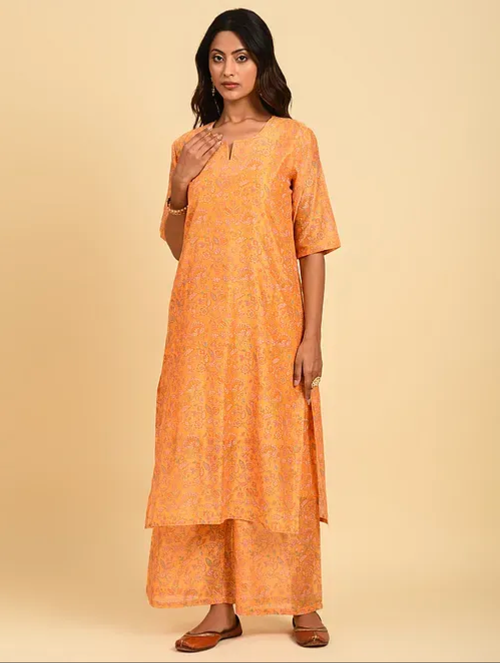 Yellow Hand Block Printed Chanderi Kurta (with Cotton Slip) with Palazzo and Cotton Chanderi Dupatta (Set of 4)