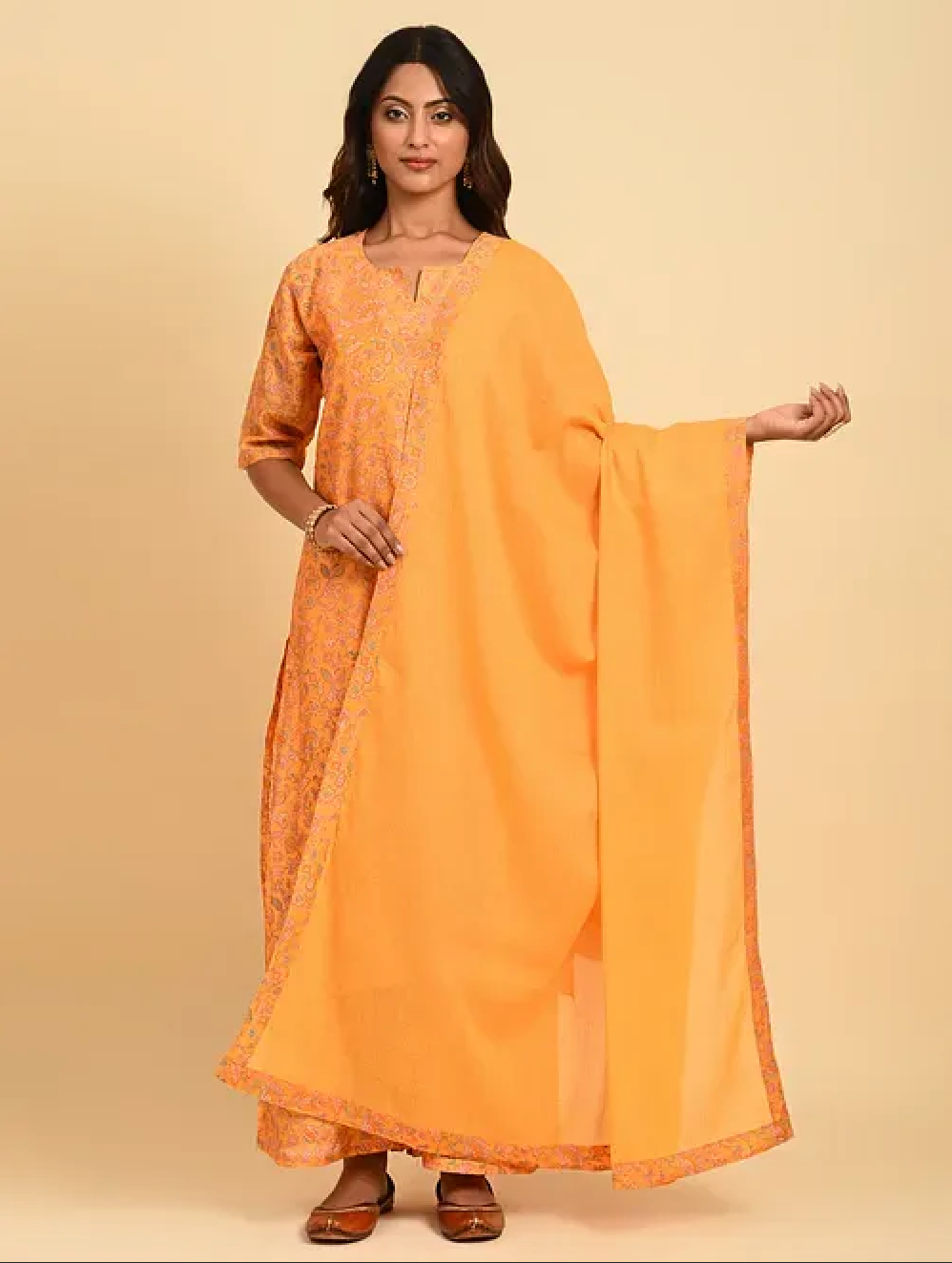 Yellow Hand Block Printed Chanderi Kurta (with Cotton Slip) with Palazzo and Cotton Chanderi Dupatta (Set of 4)