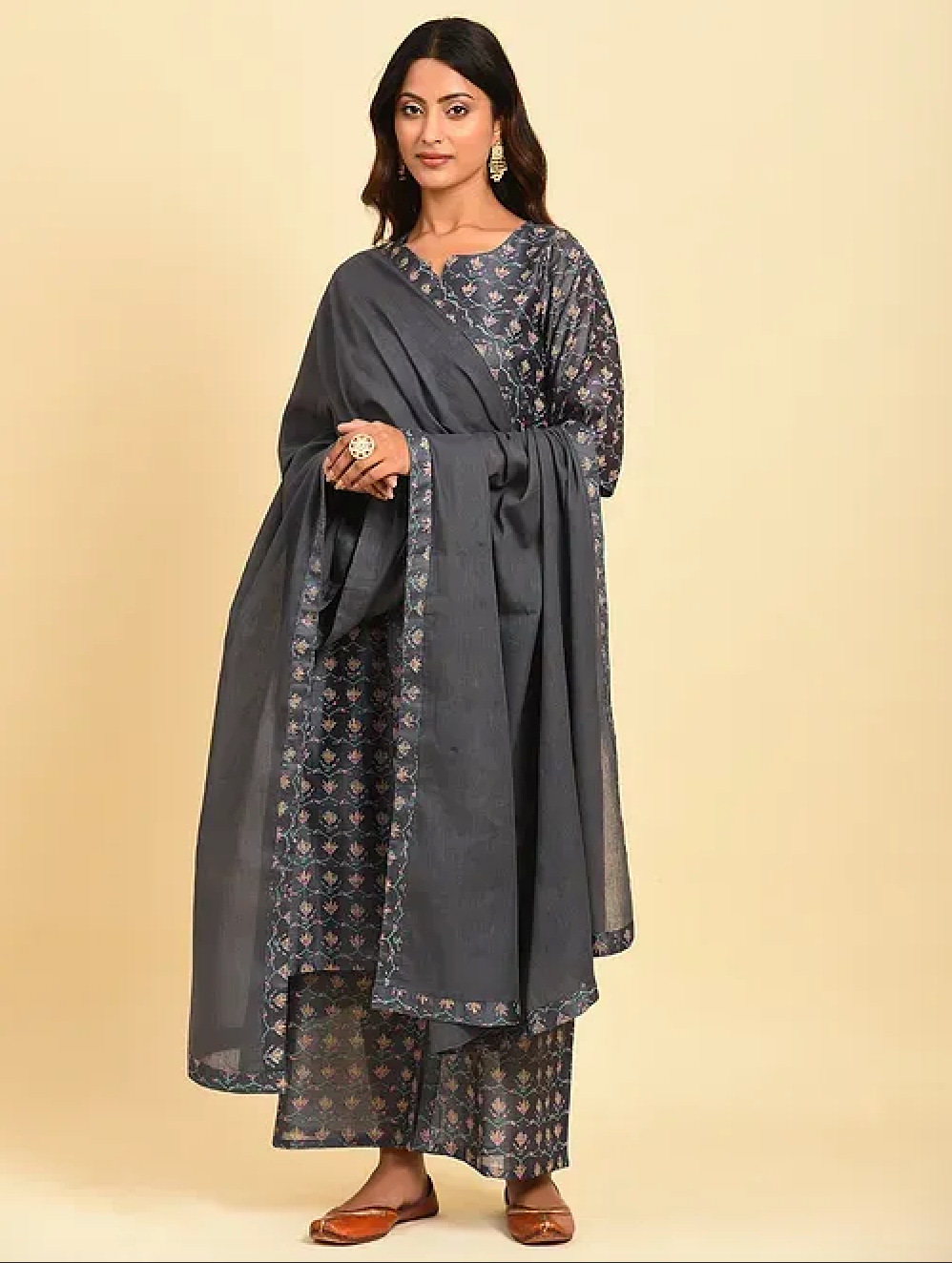 Grey Hand Block Printed Chanderi Kurta (with Cotton Slip) with Palazzo and Cotton Chanderi Dupatta (Set of 4)