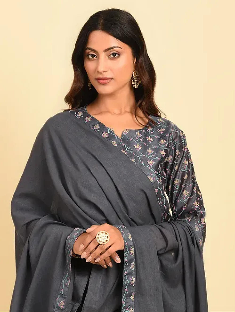 Grey Hand Block Printed Cotton Chanderi Dupatta