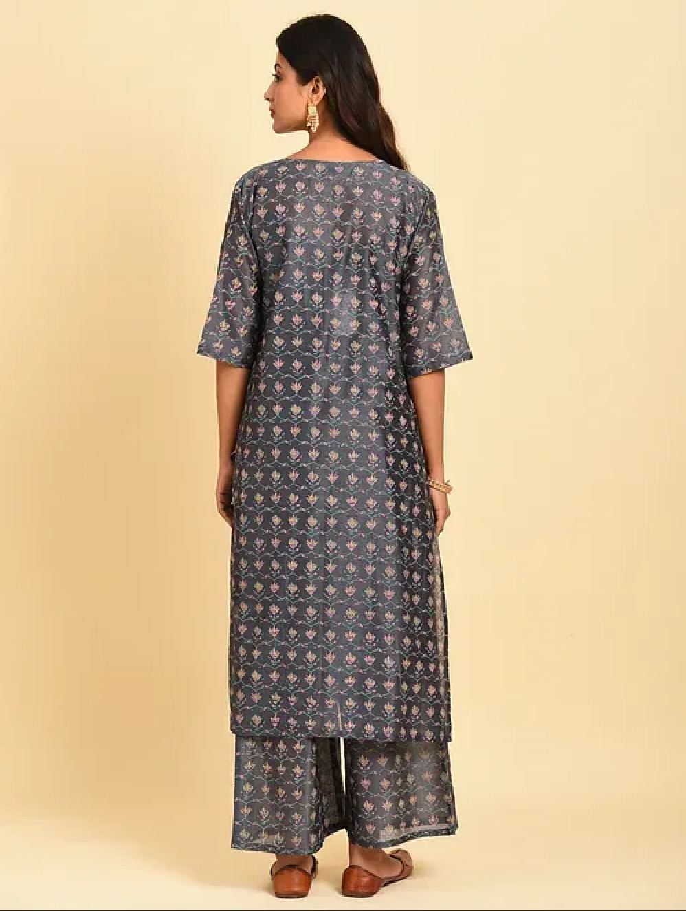 Grey Hand Block Printed Chanderi Kurta (with Cotton Slip) with Palazzo and Cotton Chanderi Dupatta (Set of 4)