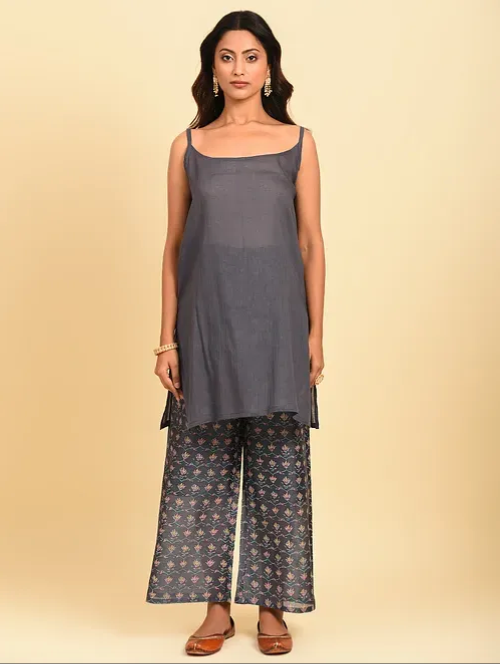 Grey Hand Block Printed Chanderi Kurta (with Cotton Slip) with Palazzo and Cotton Chanderi Dupatta (Set of 4)