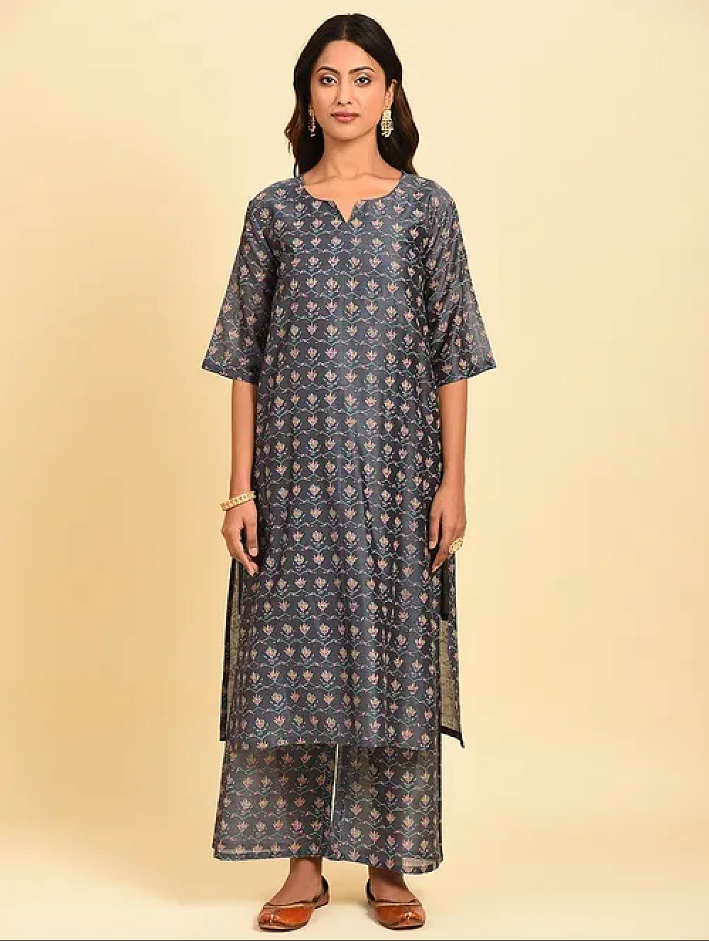 Grey Hand Block Printed Chanderi Kurta (with Cotton Slip) with Palazzo and Cotton Chanderi Dupatta (Set of 4)