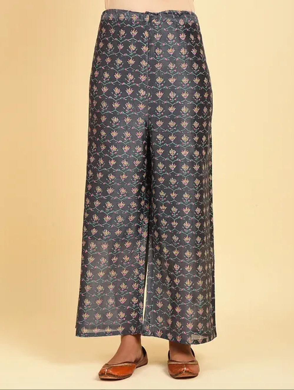 Grey Hand Block Printed Chanderi Kurta (with Cotton Slip) with Palazzo and Cotton Chanderi Dupatta (Set of 4)