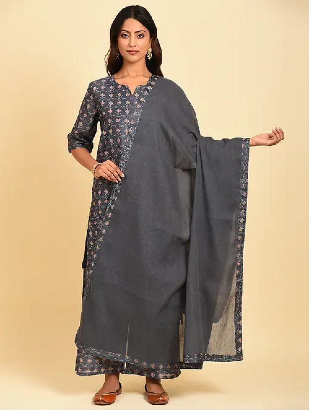 Grey Hand Block Printed Cotton Chanderi Dupatta