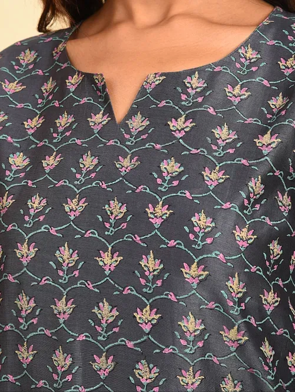 Grey Hand Block Printed Chanderi Kurta (with Cotton Slip) with Palazzo and Cotton Chanderi Dupatta (Set of 4)