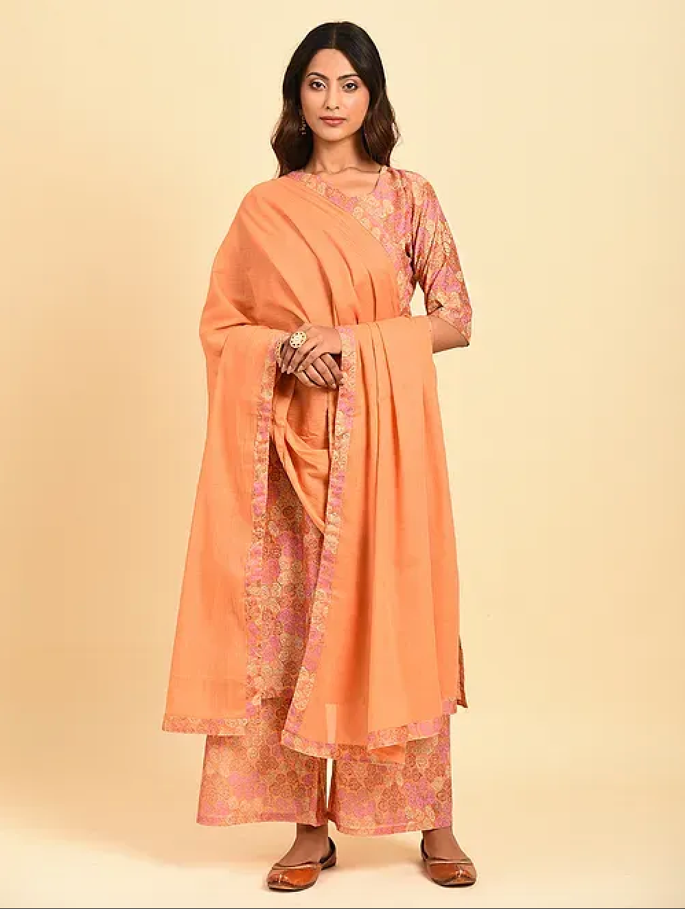 Rust Pink Hand Block Printed Chanderi Kurta (with Cotton Slip) with Palazzo and Cotton Chanderi Dupatta (Set of 4)
