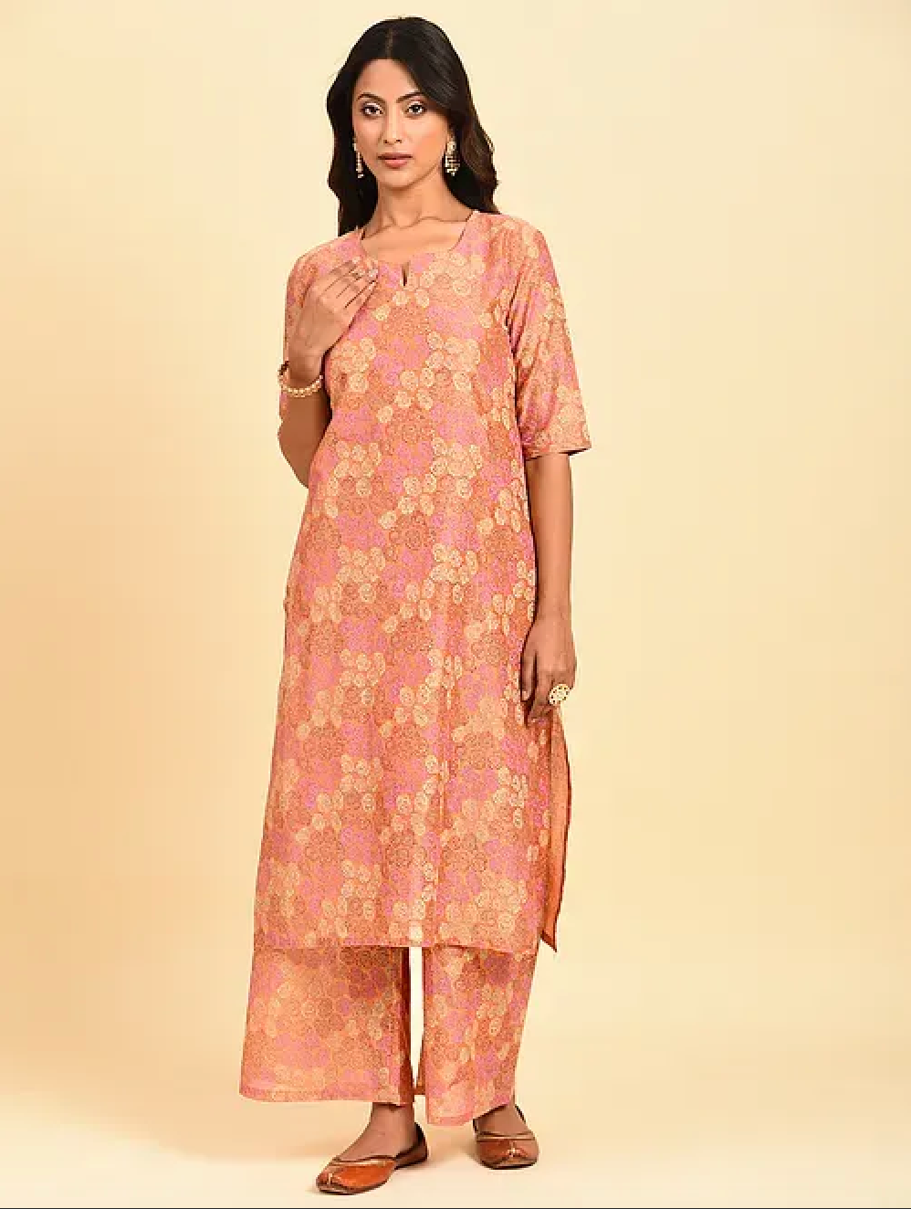 Rust Pink Hand Block Printed Chanderi Kurta (with Cotton Slip) with Palazzo and Cotton Chanderi Dupatta (Set of 4)