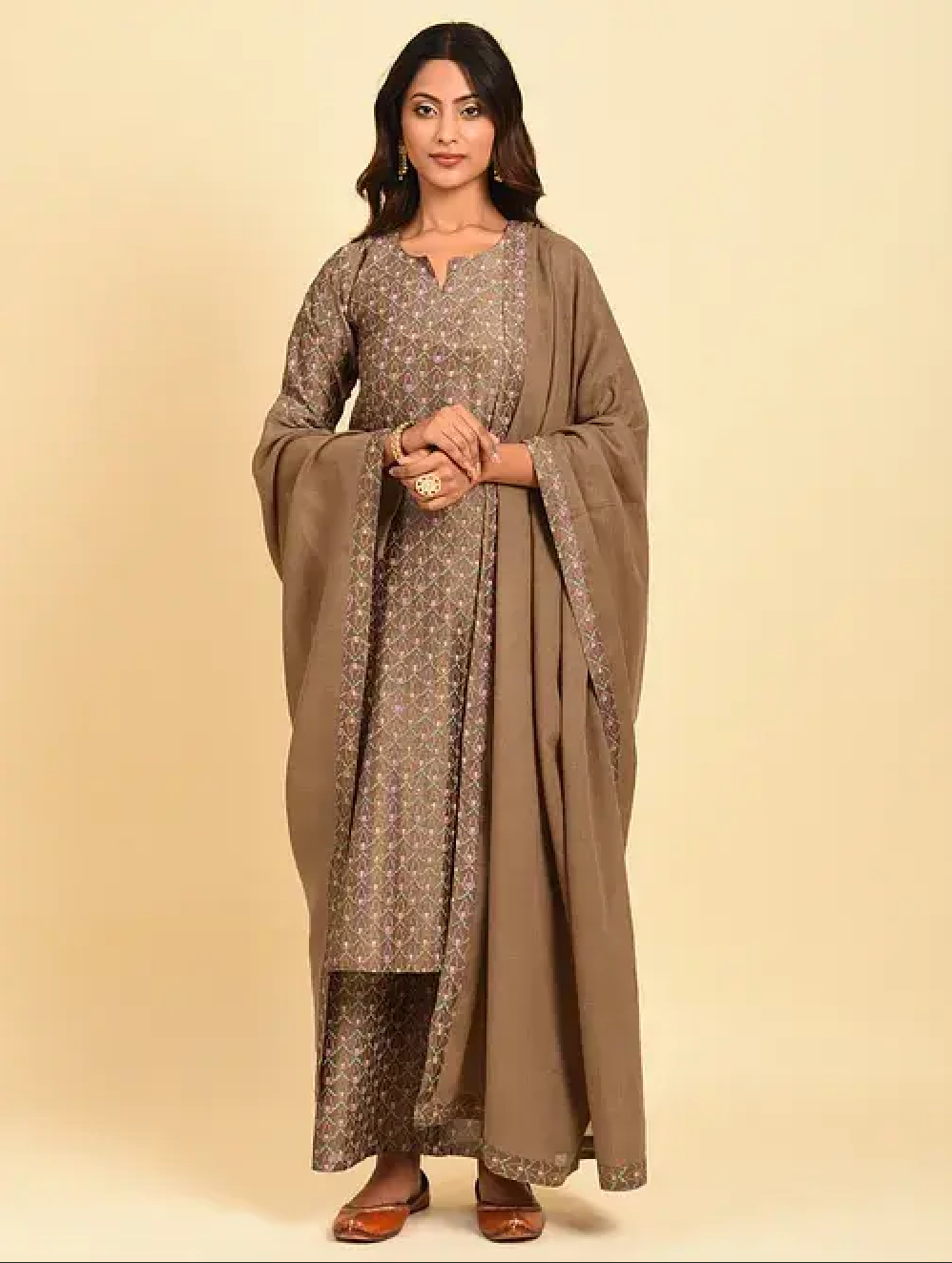 Brown Hand Block Printed Cotton Chanderi Dupatta