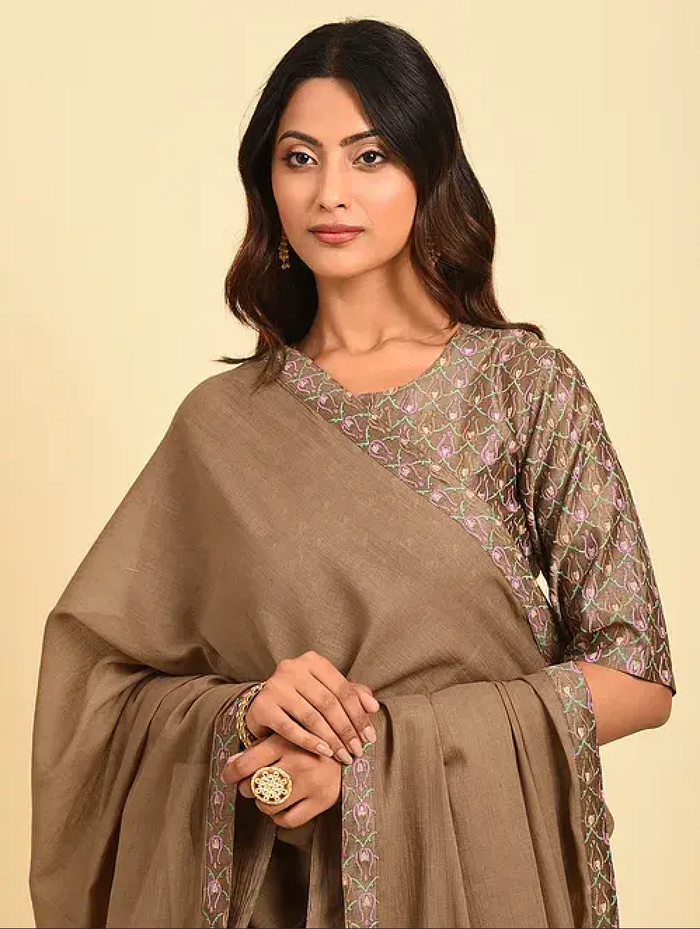 Brown Hand Block Printed Cotton Chanderi Dupatta