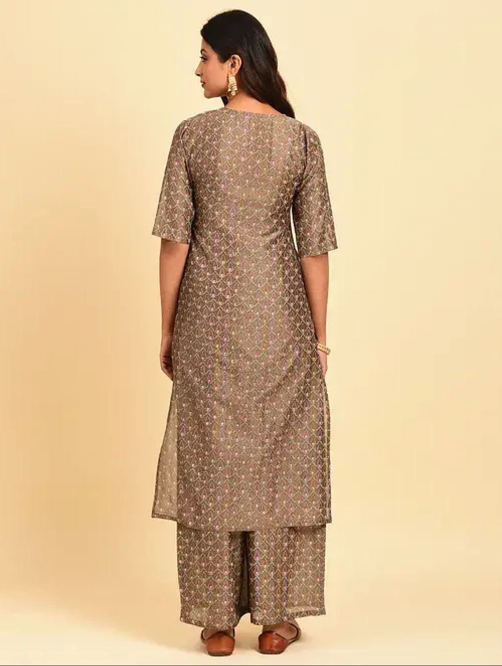 Brown Hand Block Printed Chanderi Kurta with Slip (Set of 2)