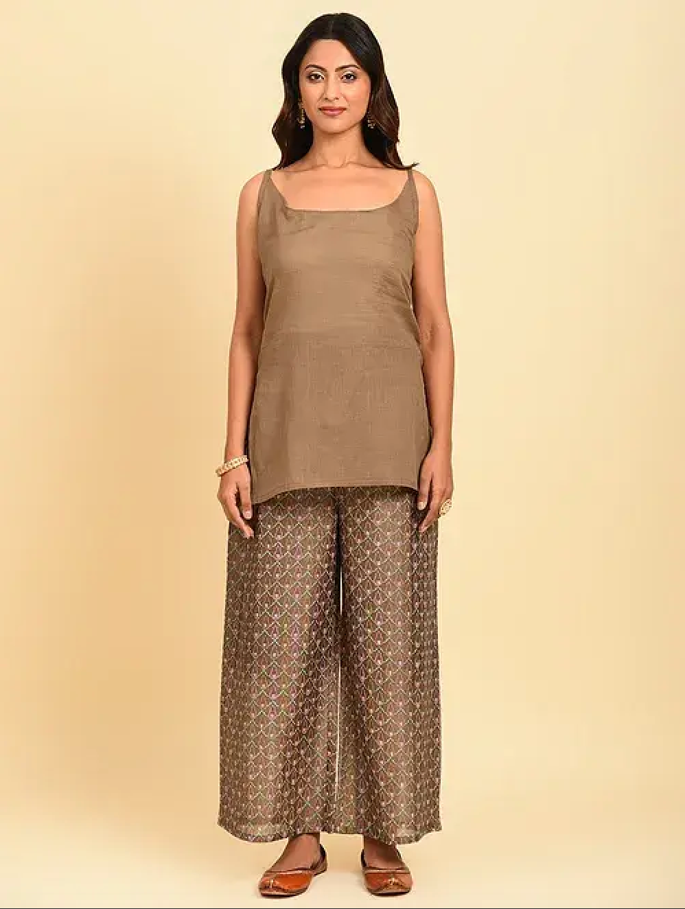 Brown Hand Block Printed Chanderi Kurta with Slip (Set of 2)
