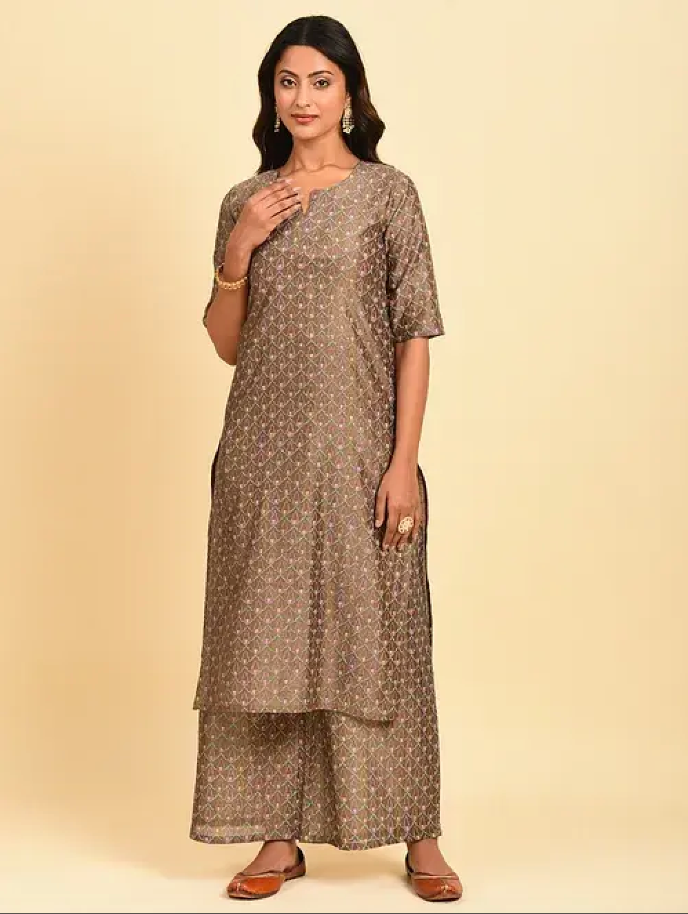 Brown Hand Block Printed Chanderi Kurta with Slip (Set of 2)