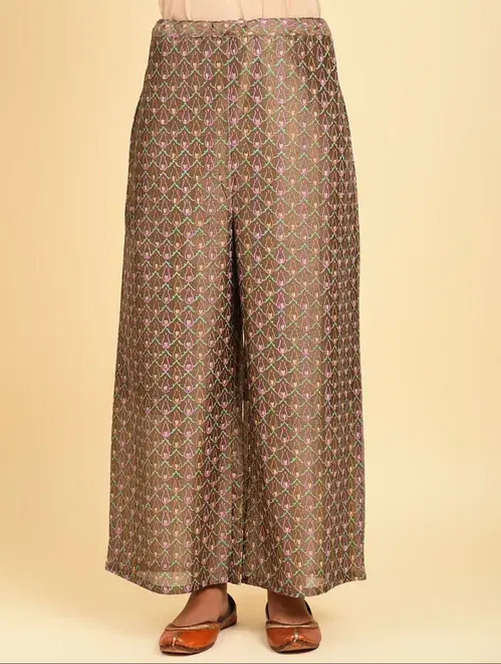 Brown Hand Block Printed Chanderi Palazzo with Cotton Lining