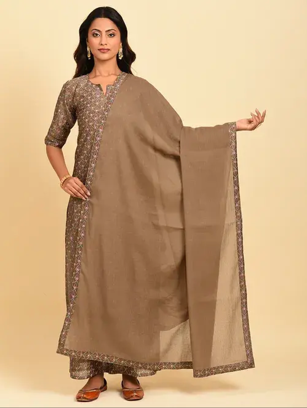 Brown Hand Block Printed Cotton Chanderi Dupatta
