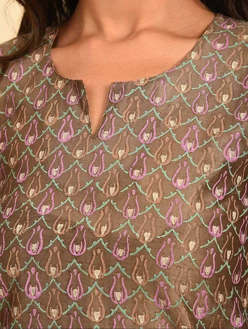 Brown Hand Block Printed Chanderi Kurta (with Cotton Slip) with Palazzo and Cotton Chanderi Dupatta (Set of 4)