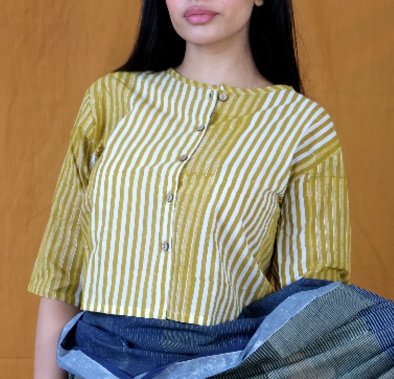 Yellow Stripes Block Printed Cotton Blouse