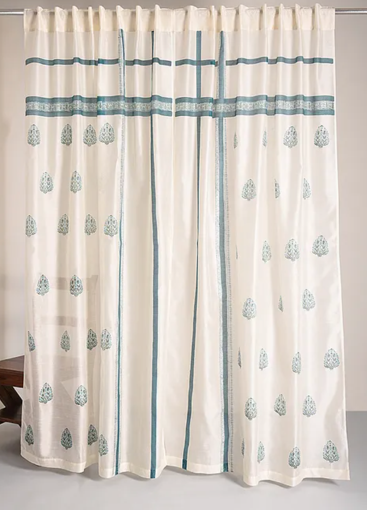Jugal Gated Paisely Turquoise Green Chanderi Curtains (Set of 2)