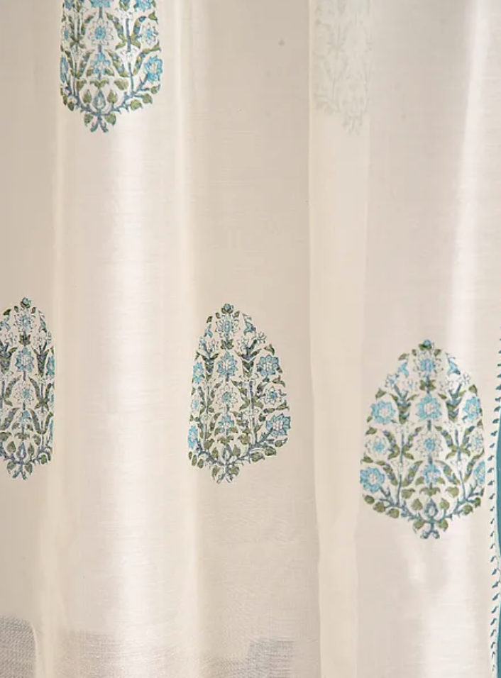 Jugal Gated Paisely Turquoise Green Chanderi Curtains (Set of 2)