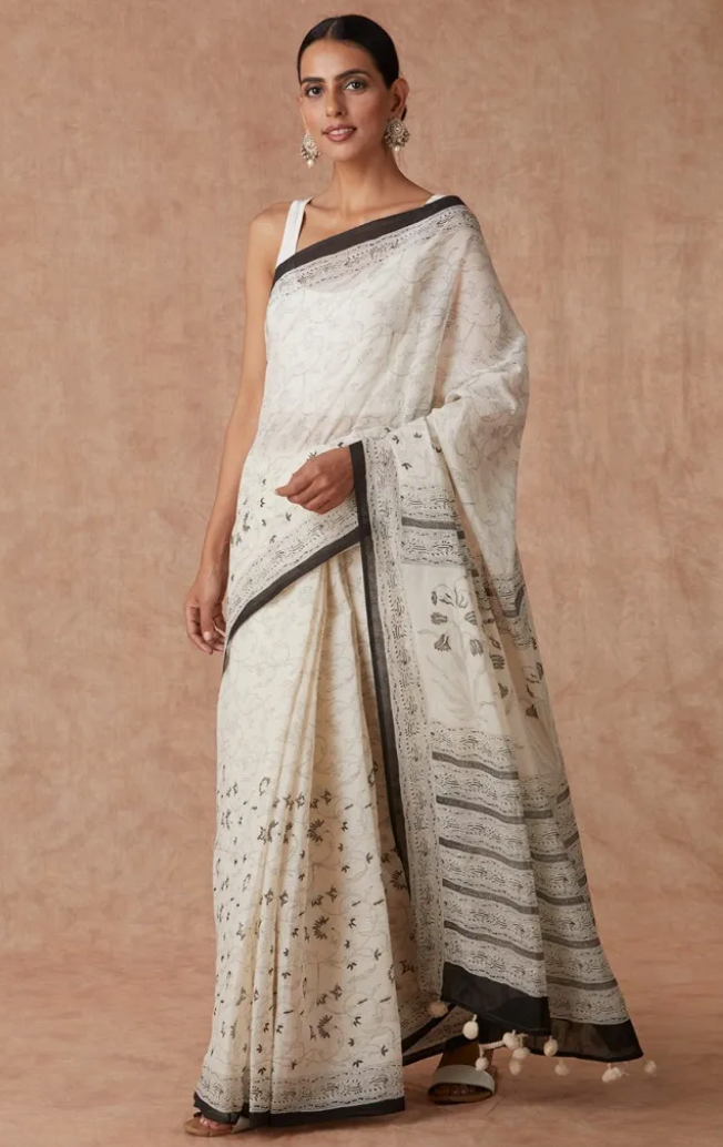 Off White Mughal Jaal Cotton Saree with Cotton Striped blouse (Set of 2)