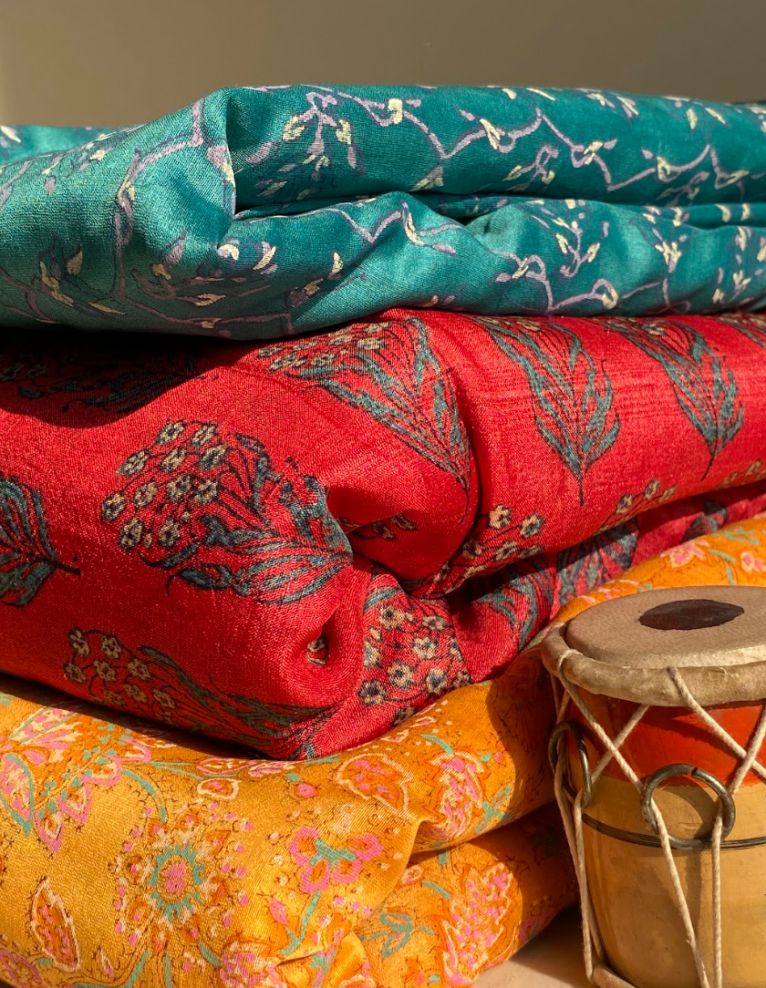 Red 100 % Pure Tussar Handblock Printed Fabric