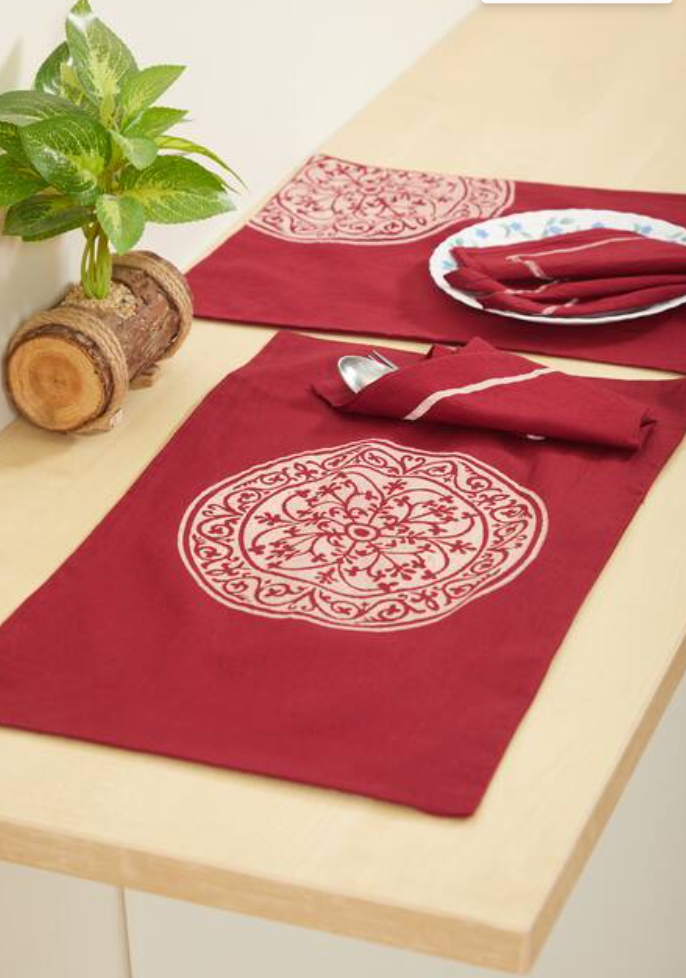 Rangoli Side Maroon Dyed Table Mat Sets with Napkins