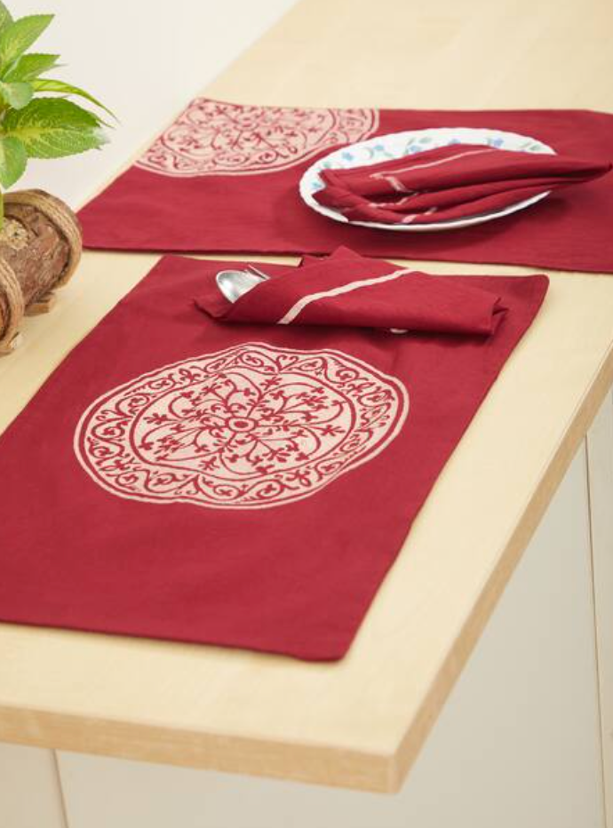 Rangoli Side Maroon Dyed Table Mat Sets with Napkins