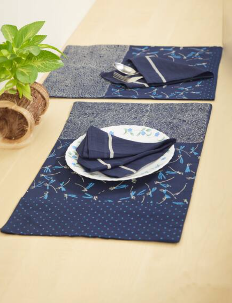Rangoli Dragonfly Navy Table Mat Sets with Napkins