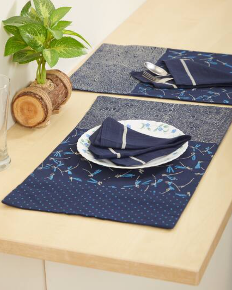 Rangoli Dragonfly Navy Table Mat Sets with Napkins