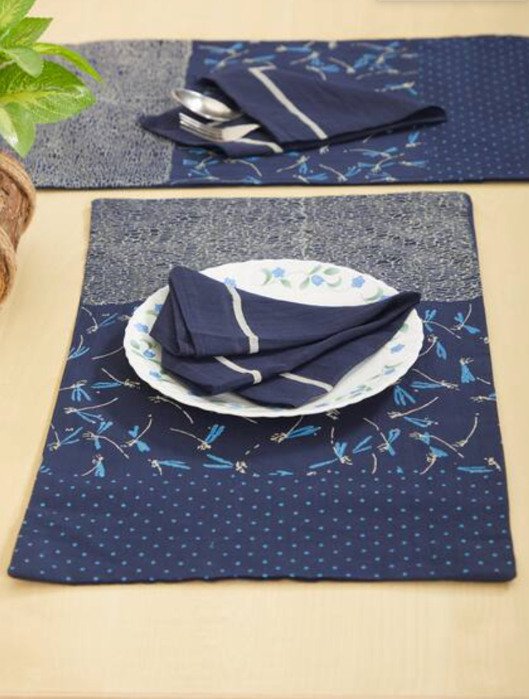 Rangoli Dragonfly Navy Table Mat Sets with Napkins