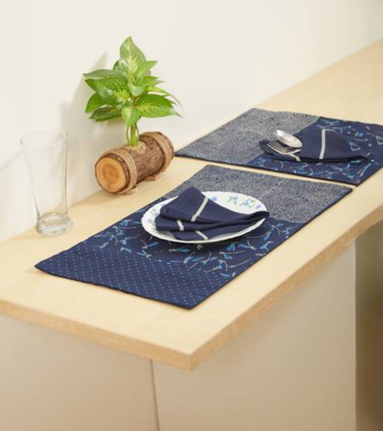 Rangoli Dragonfly Navy Table Mat Sets with Napkins
