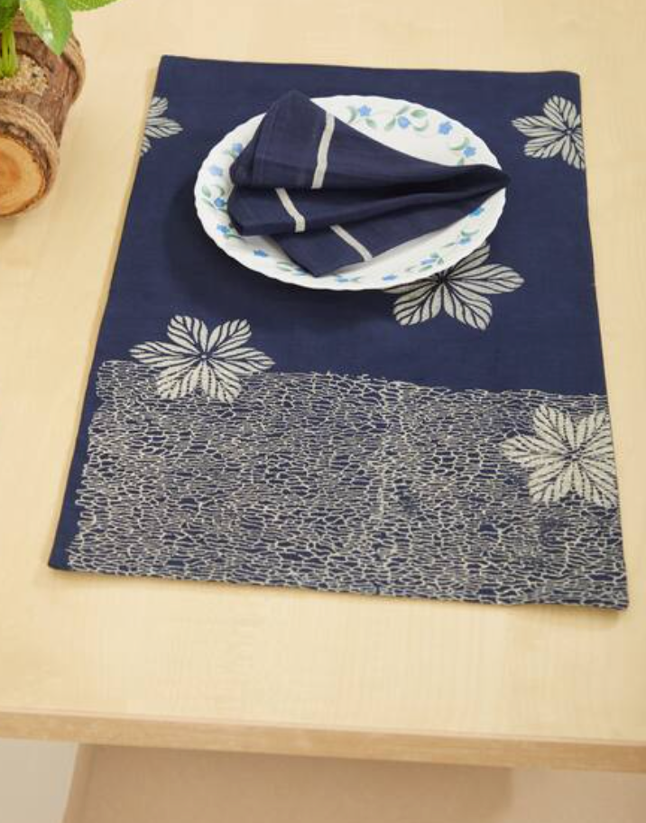 Rangoli Blossom Navy Table Mat Sets with Napkins