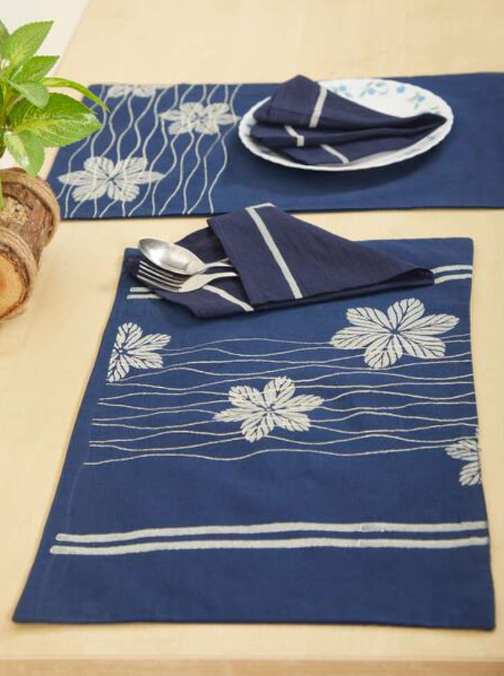 Rangoli Blossom Wave Navy Table Mat Sets with Napkins