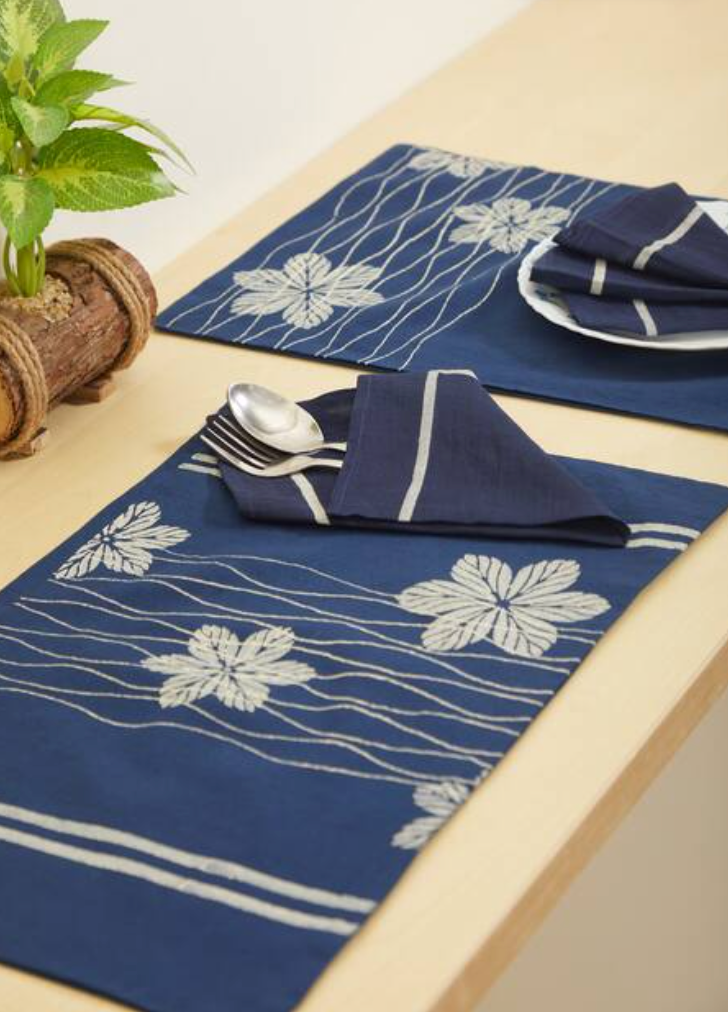Rangoli Blossom Wave Navy Table Mat Sets with Napkins