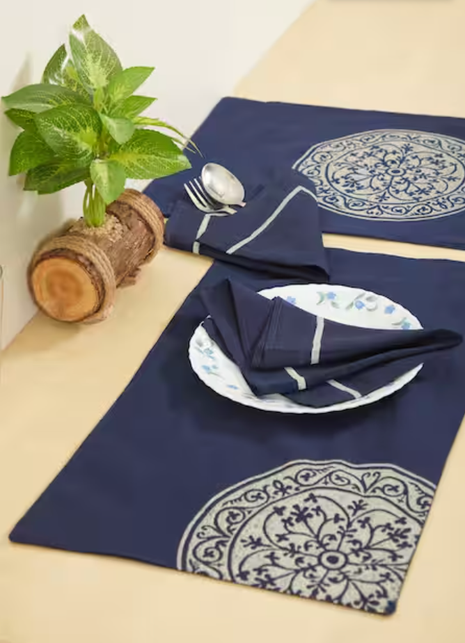 Rangoli Round Navy Blue Table Mat Sets with Napkins
